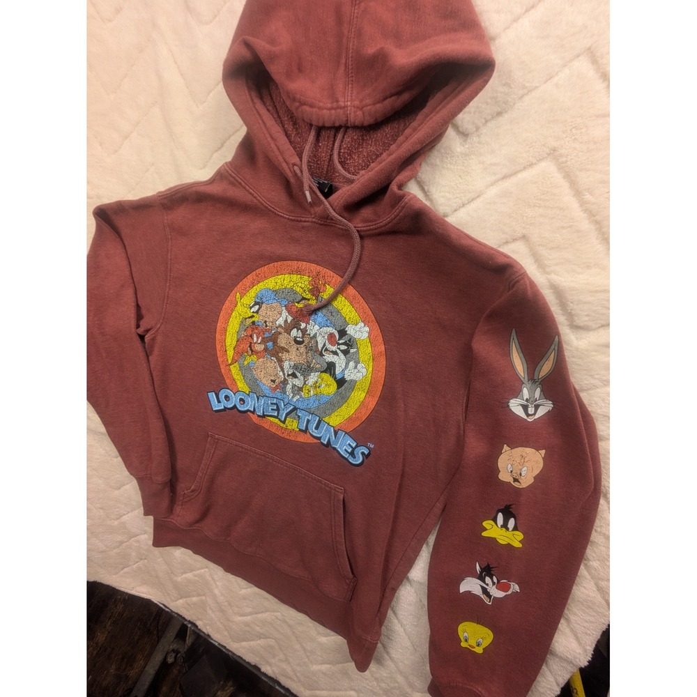 Looney Tunes Graphic Hoodie Burgundy Maroon Small Character Sleeve Sweatshirt